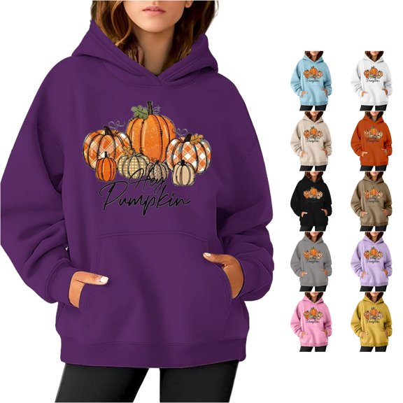 QTSHPN Hoodies Women Halloween Pumpkin Print Long Sleeve Casual Pocket Pullover Hoodie Womens Sweatshirt Dark Purple XXL