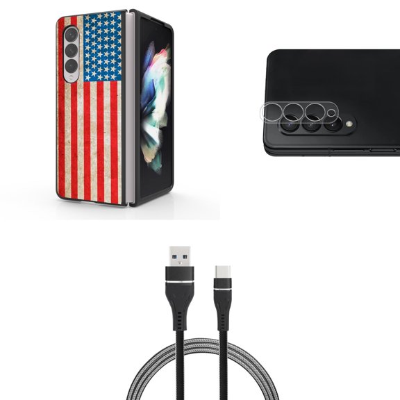 Accessory Bundle for Galaxy Z Fold 4: Slim Snap-On Case (Vintage American Flag), Rear Camera Glass Protector, Nylon Braided USB-C to USB-A Cable (3 Feet)