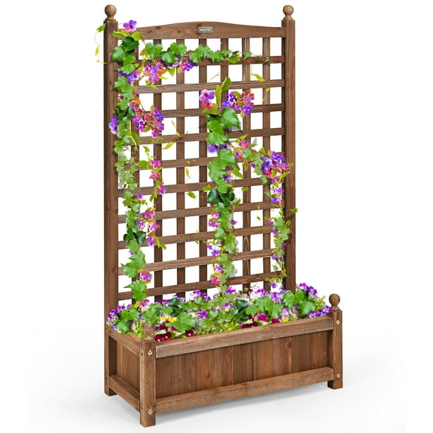 Costway Solid Wood Planter Box With, Patio Planter Box With Trellis