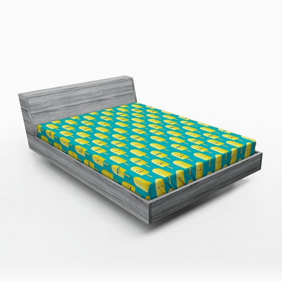 Ambesonne Ice Cream Fitted Sheet, Lemon Flavor Face, Full Size, Teal Yellow
