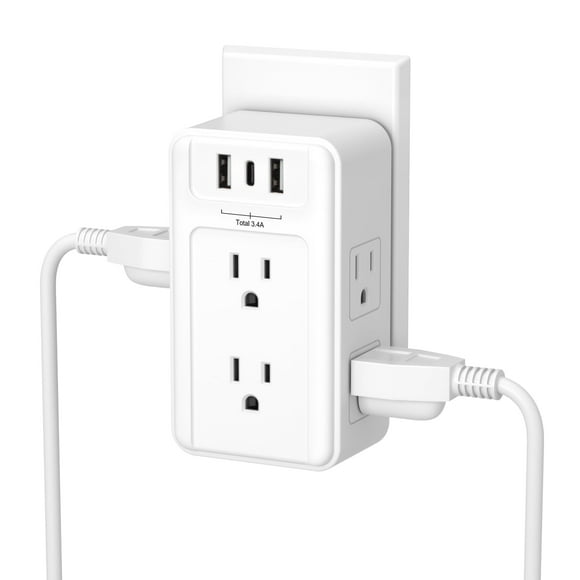BN-LINK Extensor de Toma de Corriente Múltiple 6 Tomacorrientes de Pared y 3 Puertos USB (1 USB C), Regleta Divisoria de Toma de Corriente, Adaptador de Enchufe de Toma de Corriente de Pared USB para