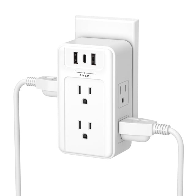 BN-LINK Extensor de Toma de Corriente Múltiple 6 Tomacorrientes de Pared y 3 Puertos USB (1 USB C), Regleta Divisoria de Toma de Corriente, Adaptador de Enchufe de Toma de Corriente de Pared USB para