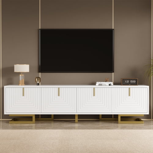 63" Modern TV Stand with Textured Doors, Gold Metal Legs & Handles, White Entertainment Center with Ample Storage