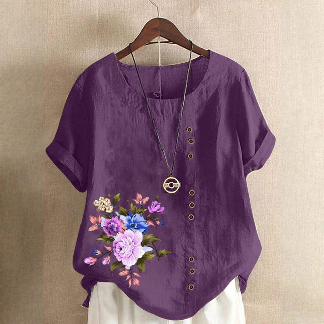 Fiudx Liquidación de Ahorros de Verano Blusa Informal y de Lino con Botones y Manga Corta Estampada para Mujer