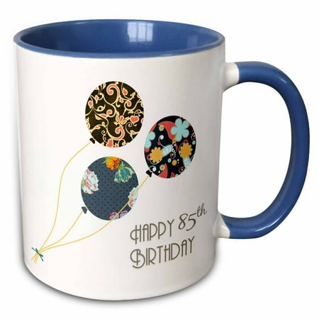 3dRose Happy 85th Birthday - Modern stylish floral Balloons. Elegant black brown blue 85 year old Bday - Two Tone Blue Mug,