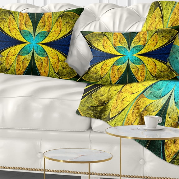 Designart Bright Yellow Blue Fractal Flower - Floral Throw Pillow - 12x20