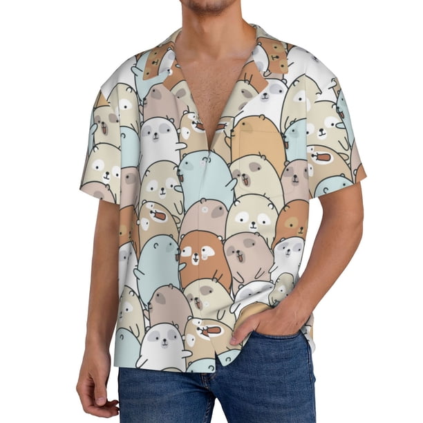 Balery Lovely Bear Camisa Casual de Manga Corta con Botones para Hombre, Texturizada, Estilo Cubano, para Playa, Verano-Small