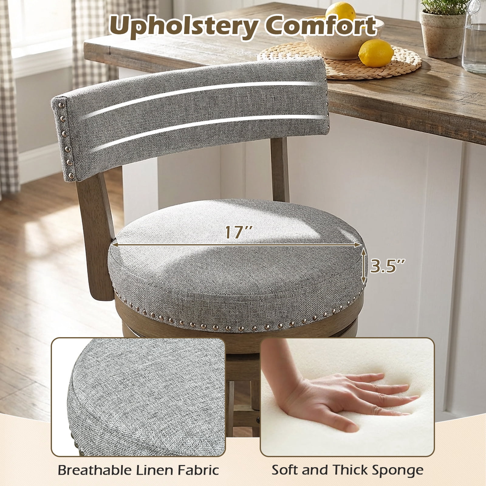 Gymax Swivel Counter Height Bar Stool Upholstered Barstool w/ Padded Back & Rubber Wood Legs