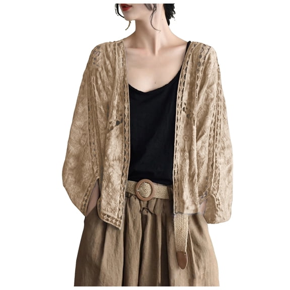GEWSEY Women’s Cardigan Lace Embroidery Boho Cropped Batwing Sleeve Open Front Oversized Bolero Shrugs (Khaki, One Size)