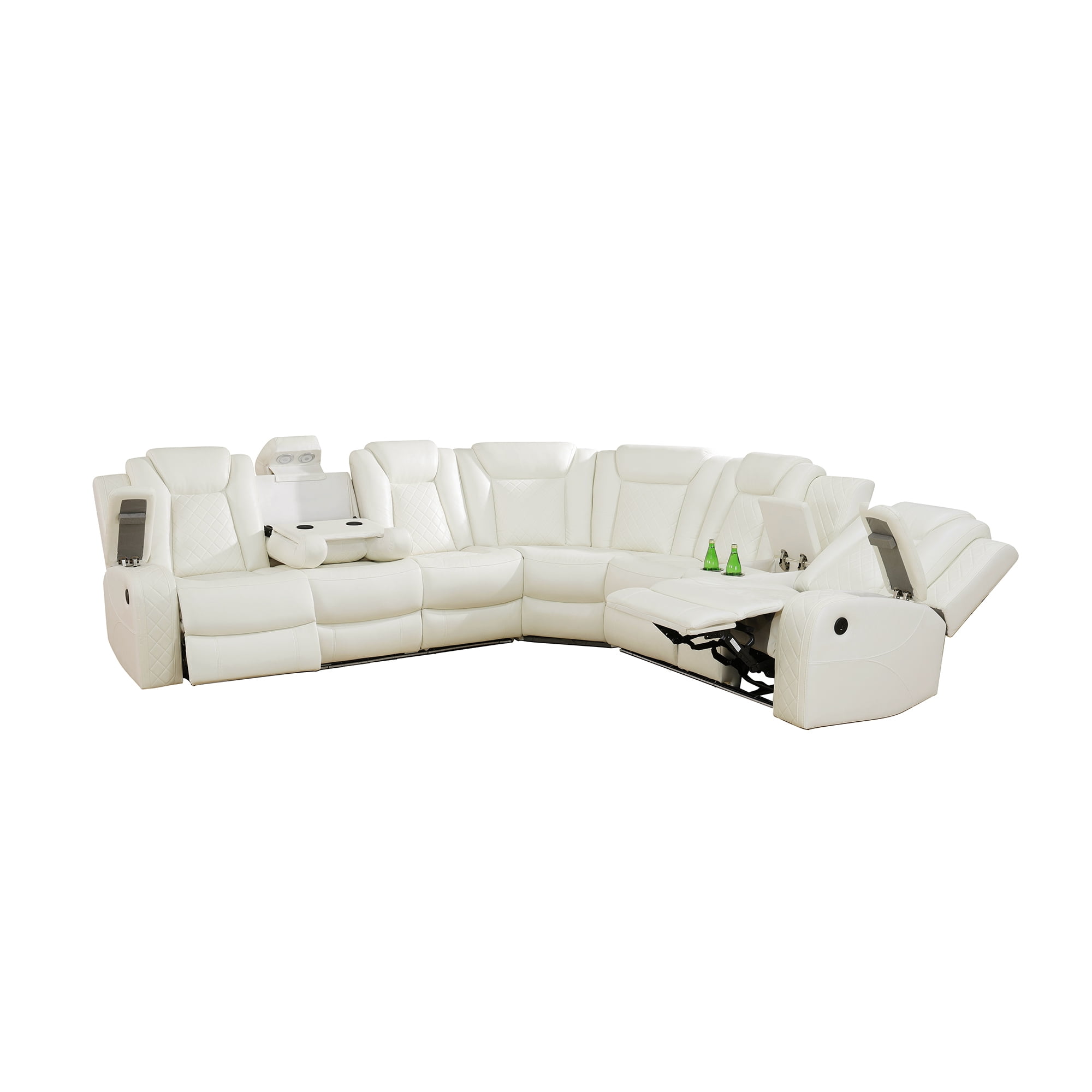 MAYEERTY 6-Seater Recliner Sofa Set, Intelligent Sectional Sofa with Wireless Charger, LED & Storage, Breathable Leather for Living Room, Off-White