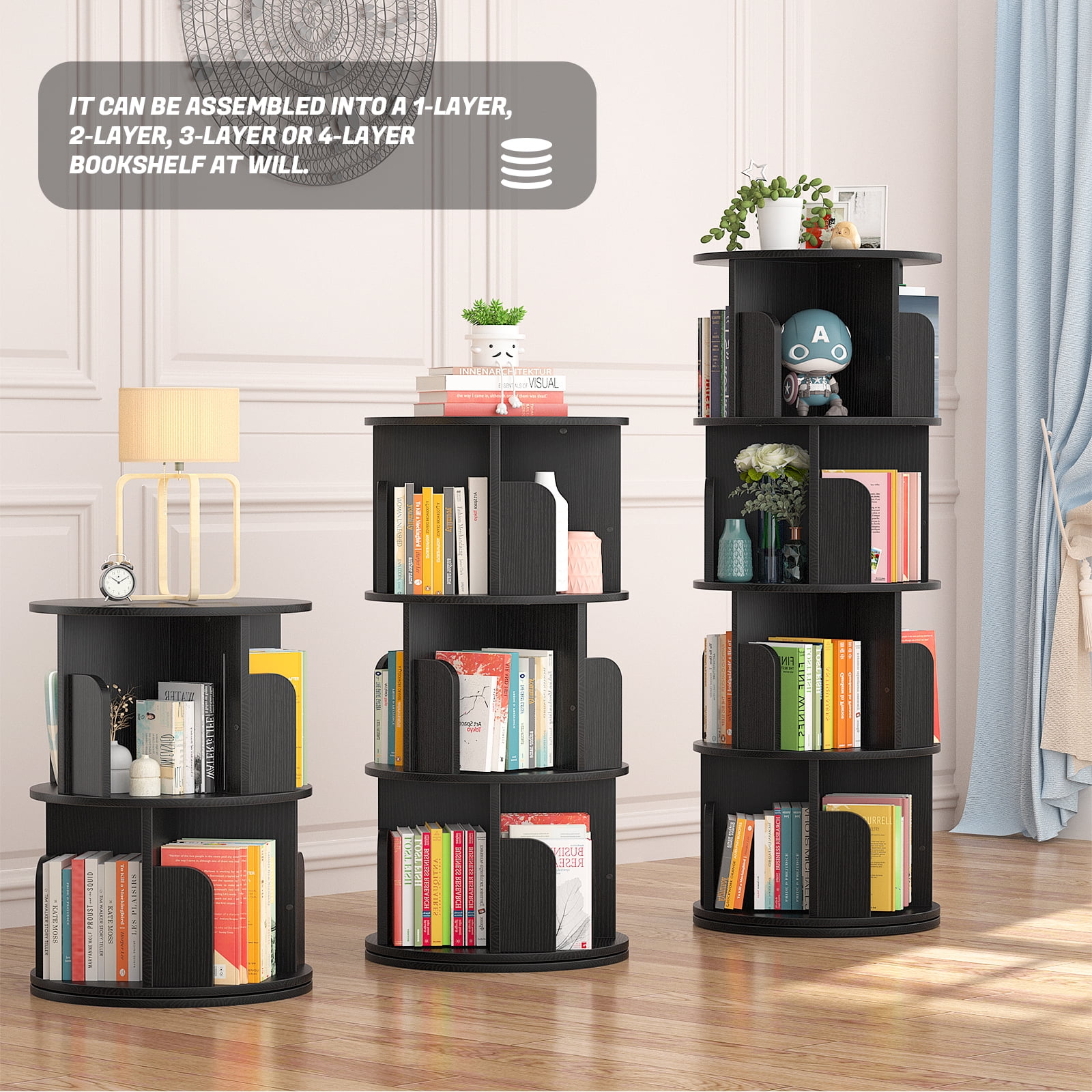 Homieasy Rotating Bookshelf, 360 Display Corner Bookshelf for Small Space, 4 Tier Floor Standing Bookcase Storage Rack, Wood Narrow Book Shelf Organizer for Bedroom, Living Room, Study Room, Black