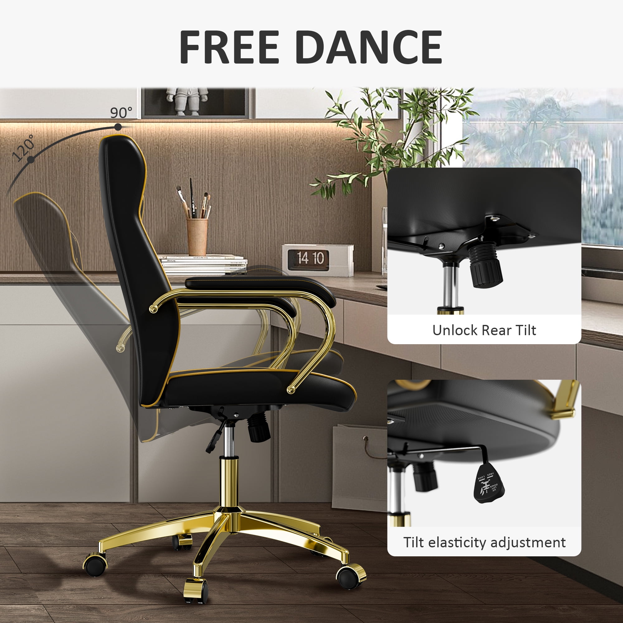 Big and Tall Black Office Chair Set of 2, High Back 360 Swivel Executive Office Desk Chair, PU Leather Desk Chair with Gold Metal Leg, Computer Home Office Chair with Rocking Function, Black