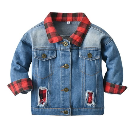 

EHTMSAK Infant Baby Boy Fall Winter Button Up Jackets Toddler Child Denim Long Sleeve Plaid Outerwear High Neck Pockets Coat Light Blue 3M-6Y 70