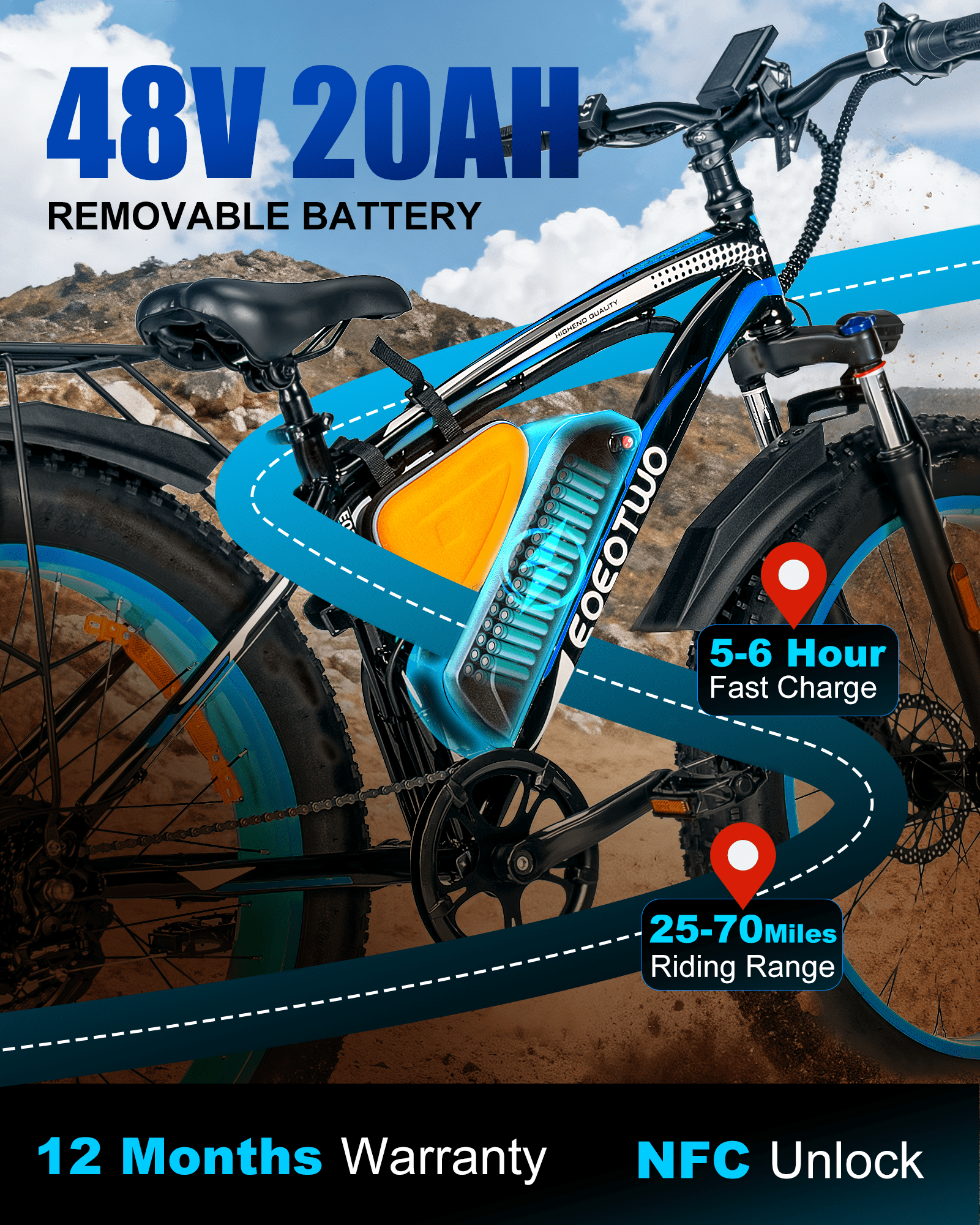 EOEOTWO 26*4.0 Fat Tire Electric Bike for Adults E-Mountain Bicycle,Peak 1500W Motor 48V20Ah Removable battery ,7-Speed Top Speed 30MPH Ebike UL2849