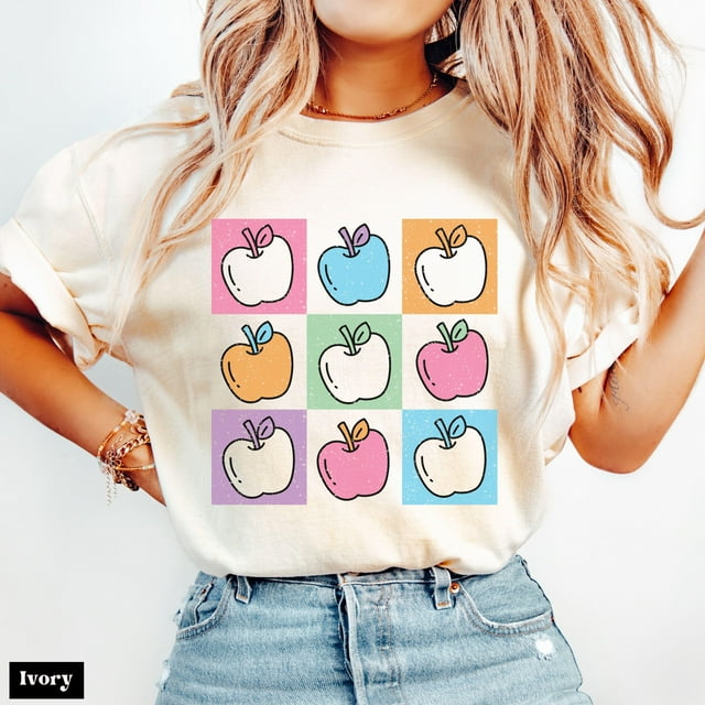Couleurs Confort T-Shirt Apple Coloré Vieilli, T-Shirt pour Enseignant, T-Shirt de Rentrée Scolaire, Enseignant - comme sur l'Image - S