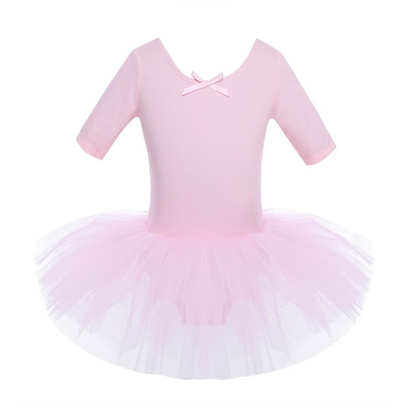 HULIJA Kids Girls Short Sleeves Cotton Tulle Skirted Ballet Leotards Tutu Dance Dress Ballerina Pink M