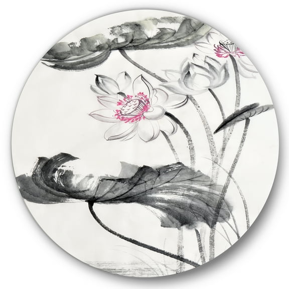 Designart 'Ancient Lotus Flowers' Traditional Circle Metal Wall Art 36x36 - Disc of 36