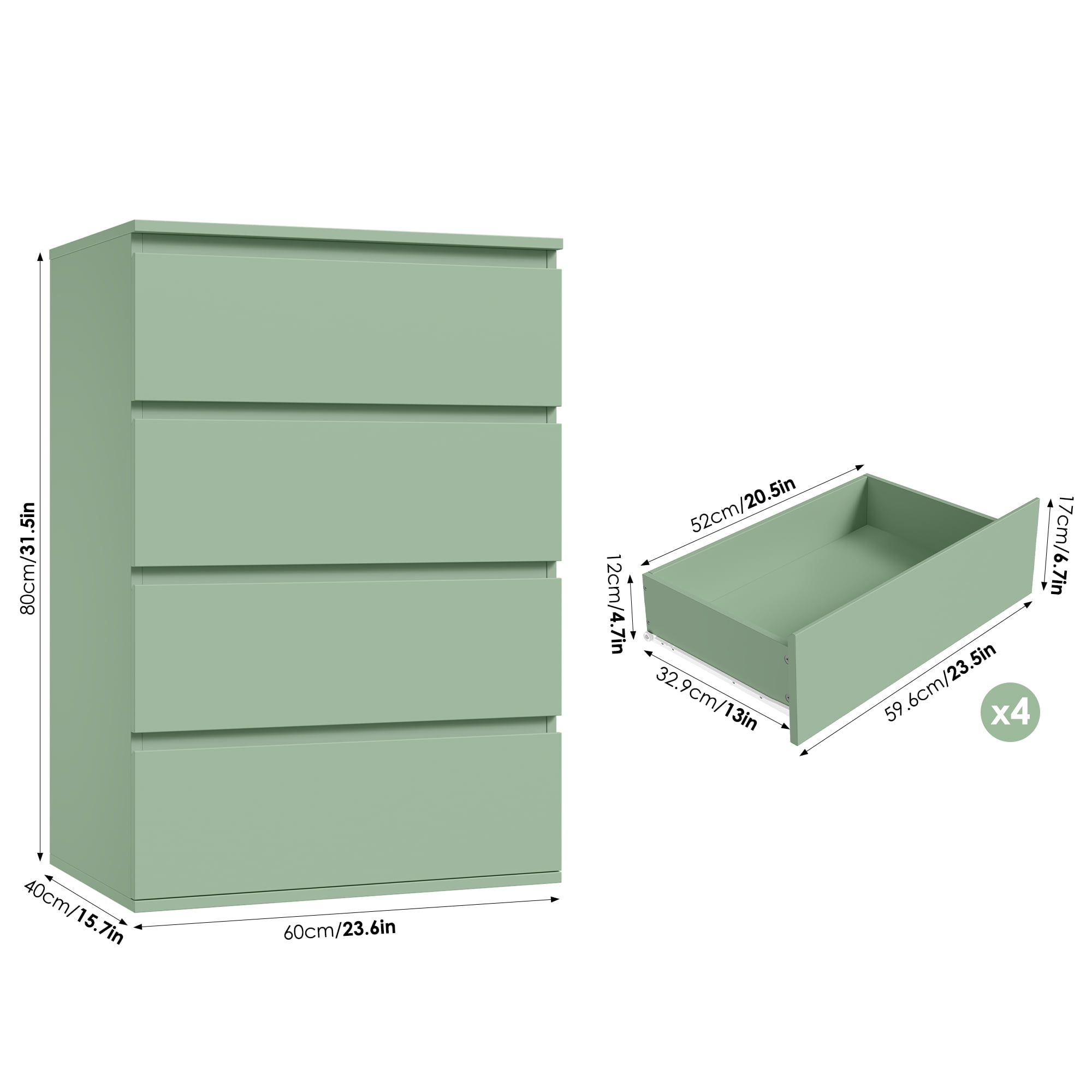 Homfa 4 Drawer Dresser, Modern Nightstand Chest of Drawers Wood Organizer for Bedroom Living Room，Green