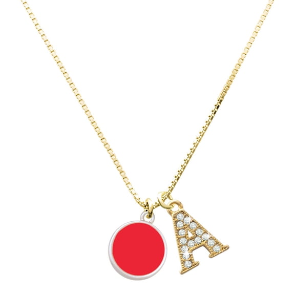 Delight Jewelry Silver-tone Small Red Enamel Disc - Large Goldtone Crystal Initial - A - Charm Necklace, 17.5" 2"