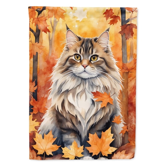 Siberian Cat in Fall Leaves House Flag