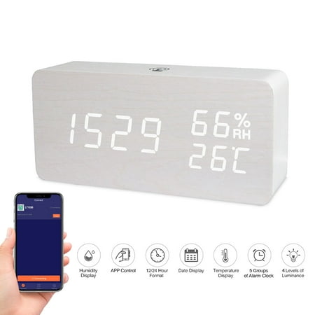 Romacci LED Digital Wooden Alarm Clock APP Control Time/ Temperature/ Humidity/ Date Display Electronic Desktop Clock 4 Levels Brightness Sound Control USB or Battery (Best Puzzle Alarm Clock App)
