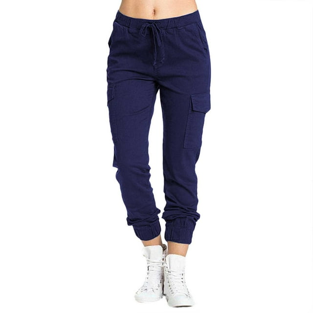 Breezora Ladies Cargo Pants with Multi Pocket Design Elastic Waist and Adjustable Rope for Casual Utility Wear and Daily Comfort S Size Navy