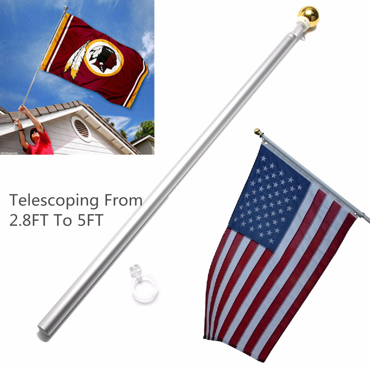 20Ft Flag Pole Telescopic Flagpole Aluminum Kit US Flag Ball 2 Flags Halyard AAA