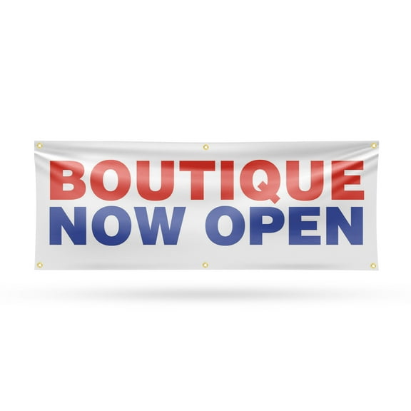 Boutique Now Open Banner Sign 24 Inch x 72 Inch | 13 oz Vinyl with Metal Grommets | Heavy-Duty Single-Sided Outdoor Durable Printed High-Quality Weatherproof | Made in the USA
