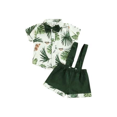 

Suanret Newborn Infants Boy Short Pants Outfits Short Sleeve Leaf Printed Bow-Knot Decor Tops Suspenders Elastic Waist Shorts Set Green 3-6 Months