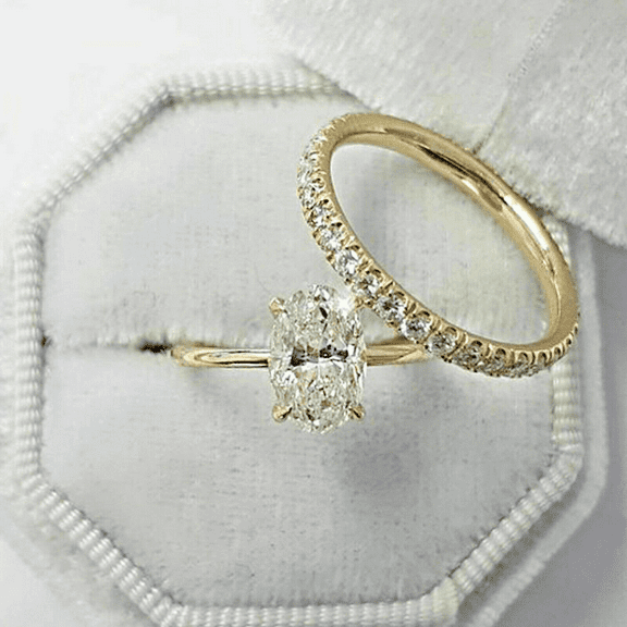 2.87 TCW Oval Cut Moissanite Bridal Set Engagement Ring 14k Yellow Gold Plated