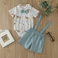 thumbnail image 2 of Kaprioy My First Easter Baby Boy Outfit Boys Eeaster Outfit Summer Short Sleeve Rabbit Prints Bowtie Romper Suspender Shorts 2PCS Outfits Clothes Set Gentlemen's Easter Suit, 2 of 7