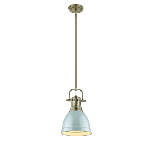 Yep by Golden Lighting Duncan 1-light 9in Rod Hung Pendant in Aged Brass and Seafoam shade