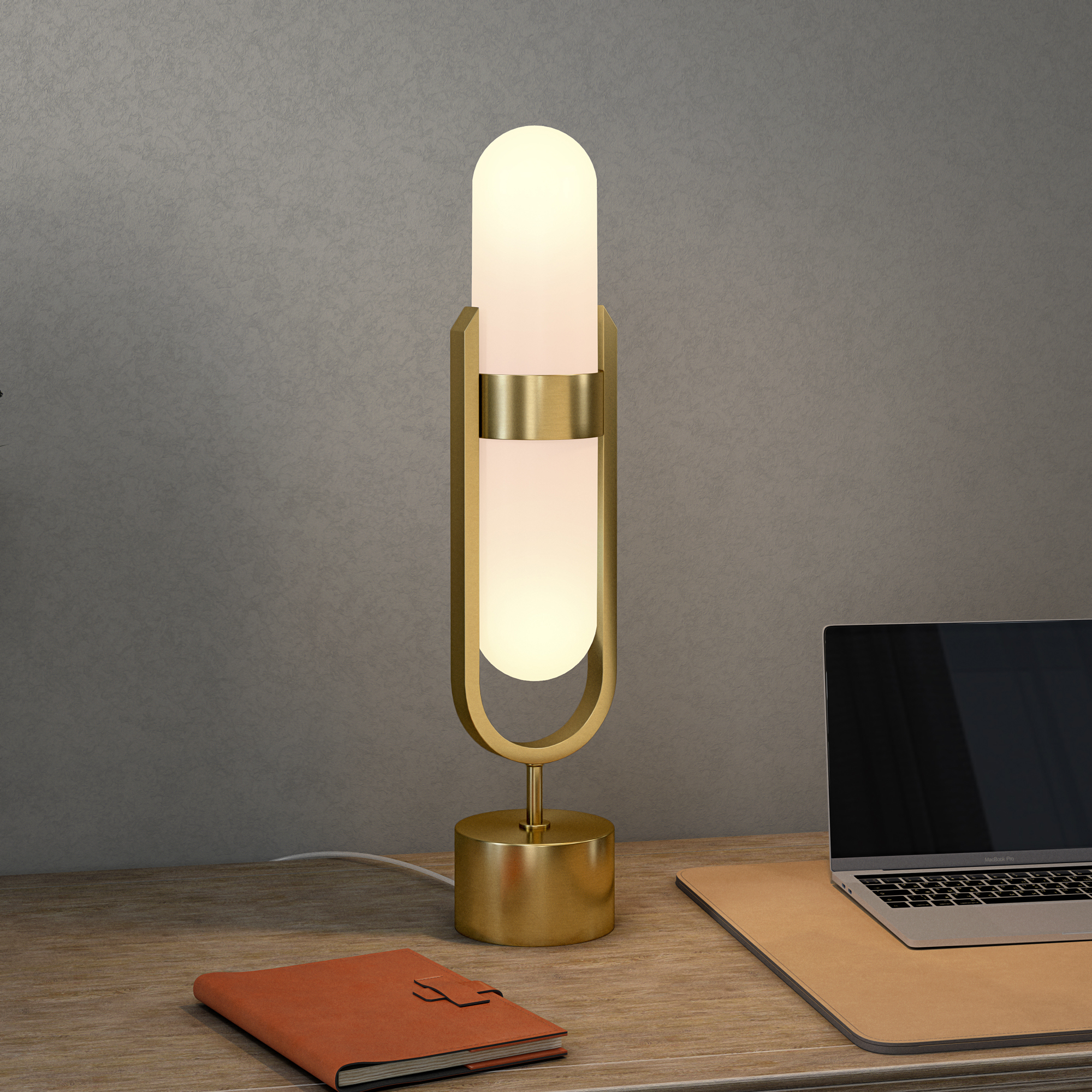 Blair Pill-Shaped Table Lamp with Milk Glass Shade in Brass/White