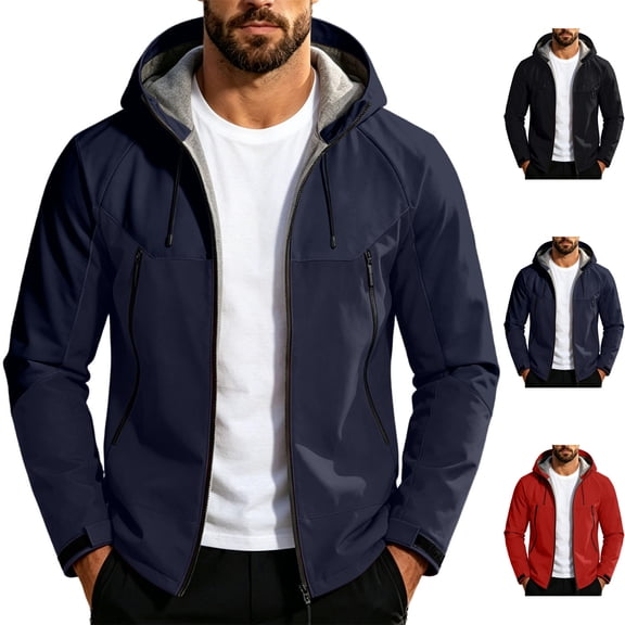 Big & Tall Men's Lightweight Raincoat Thicken Fleece Lined Softshell Jacket Waterproof Warm Windbreaker with Zip Pockets for Hiking Camping Outdoor, Navy, 4XL