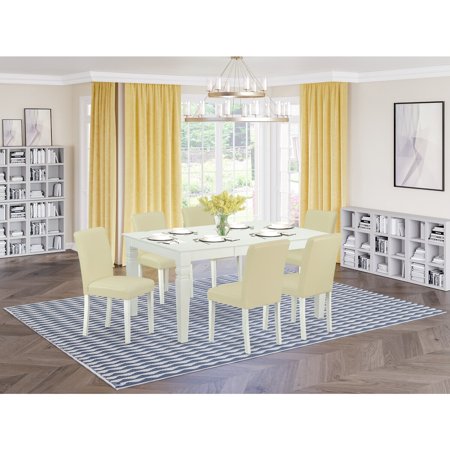HomeStock Victorian Vintage 7Pc Rectangular 42/60 Dinette Table With 18 In Leaf And 6 Parson Chair With Linen White Leg And Pu Leather Color White