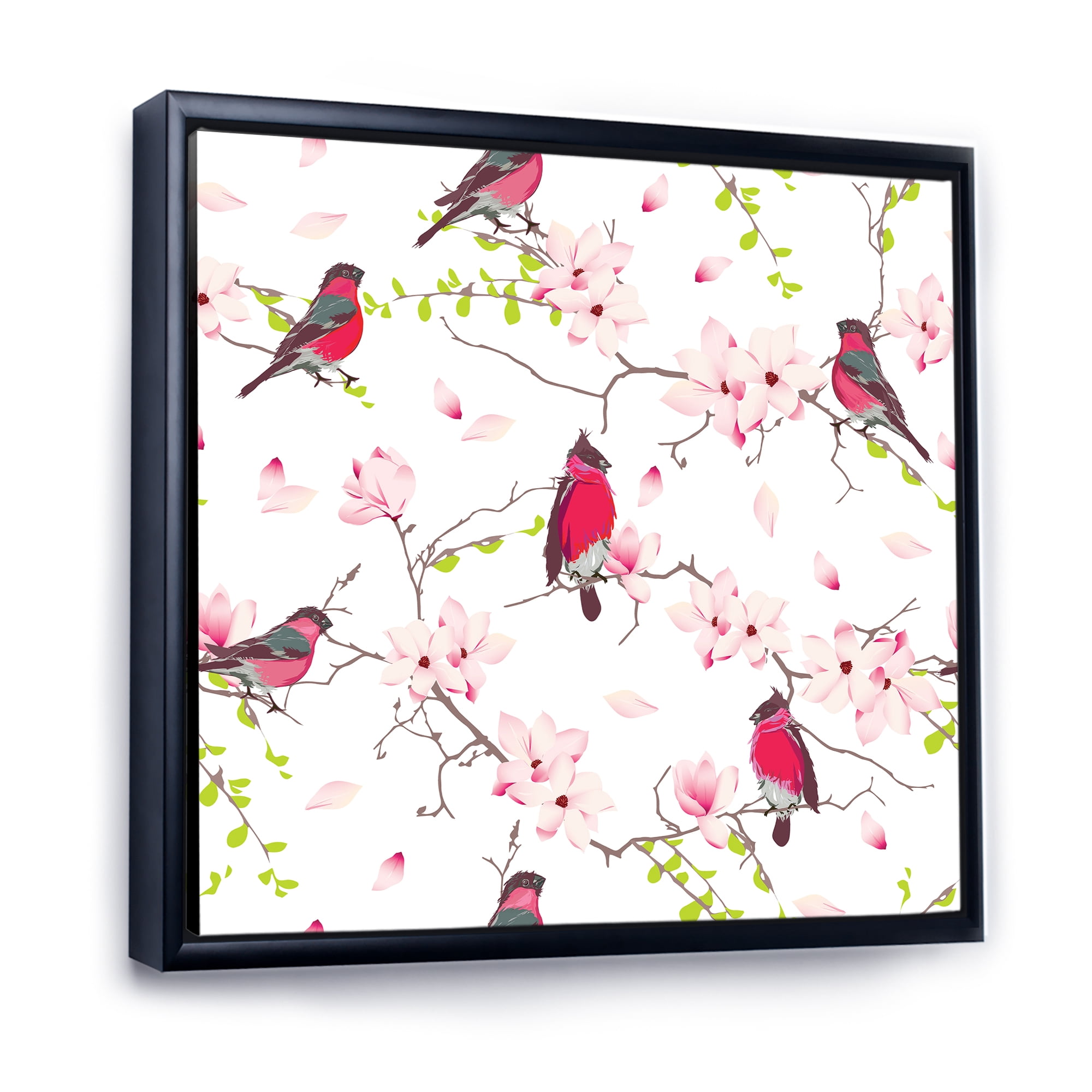 Designart 'Red Bullfinches Sitting On Magnolia Tree' Traditional Framed Canvas Wall Art Print