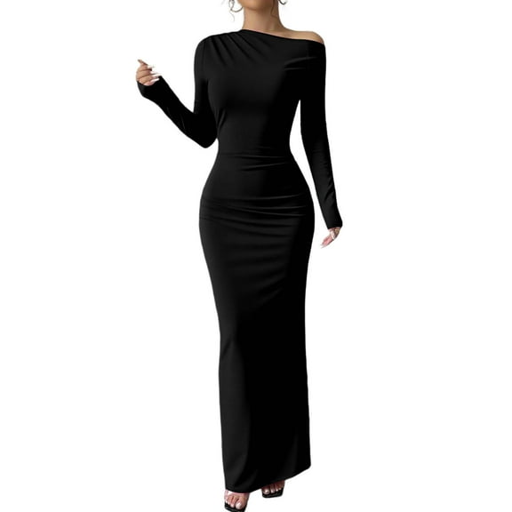 One Shoulder Long Sleeve Dress for Women 2025 Bodycon Ruched Night Out Formal Maxi Fall Wedding Guest Dresses