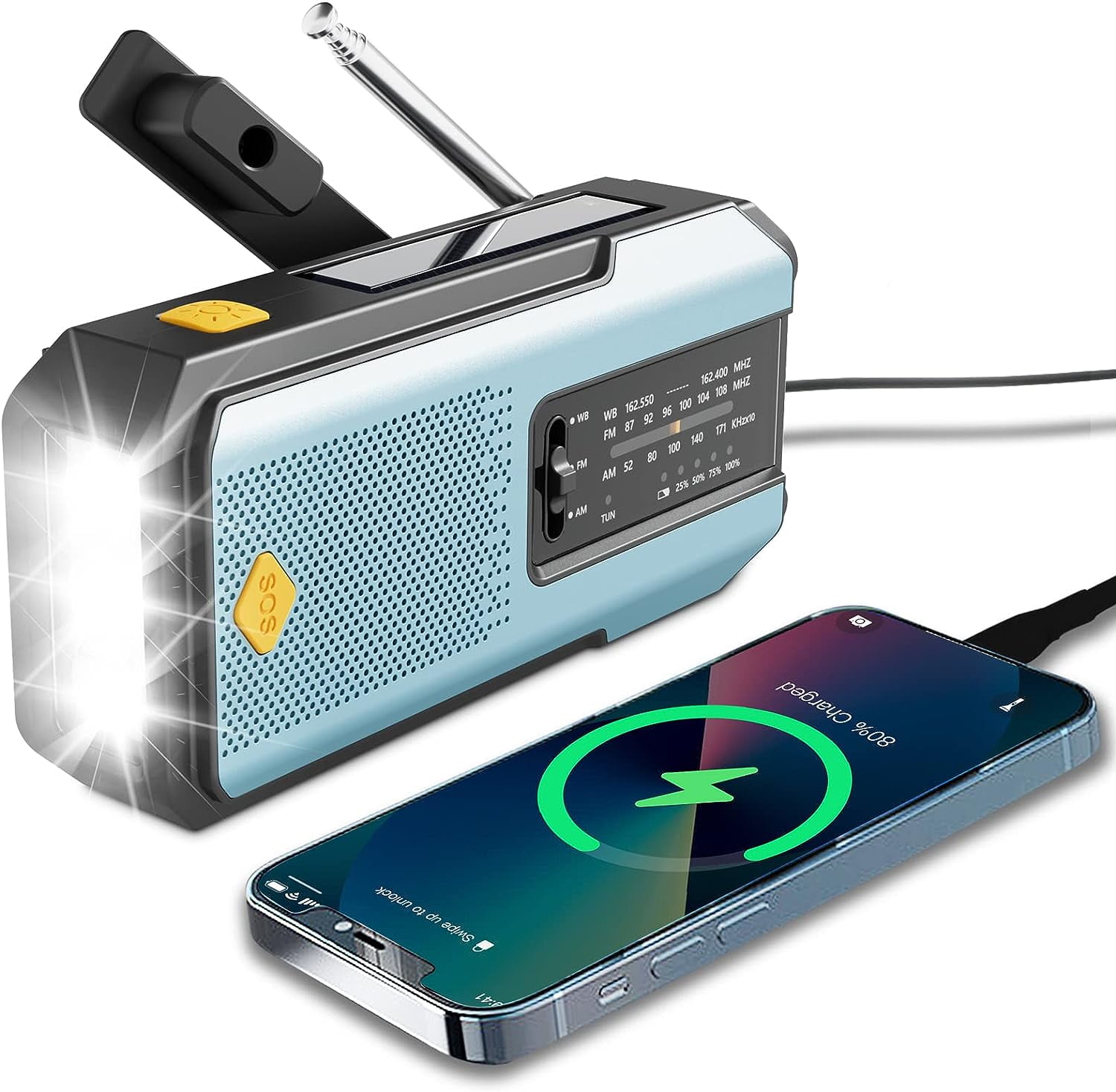 Daykit Portable Emergency Weather Radio, Hand Crank Radio Solar Powered with Battery Backup,AM/FM/NOAA, SOS Alarm,2000mAh Power Bank,LED Flashlight,USB Type-C for Outdoor Emergency