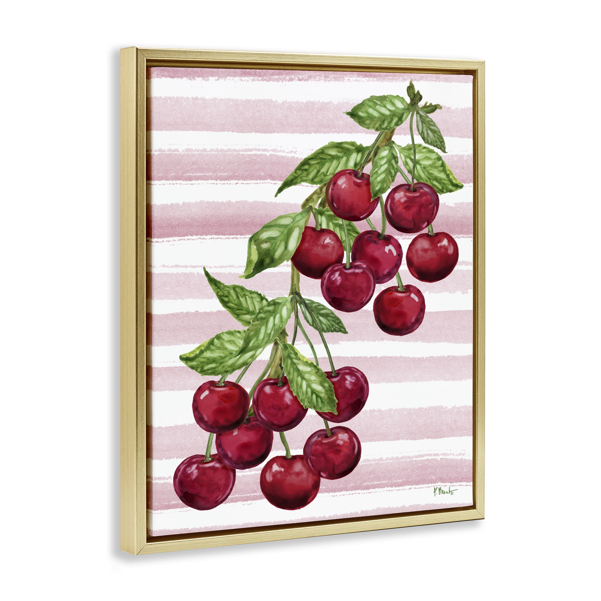 Stupell Industries Juicy Cherry Vine on Stripes Gold Framed Floater Canvas Wall Art, design by Paul Brent
