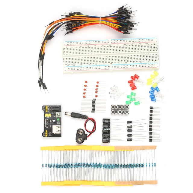 Kit de electrónica MB102 con 830 conexiones - Incluye protoboard, módulo de alimentación, LED multicolor, cables puente, capacitores, diodos, transistores y resistencias - Ideal para proyectos DIY y