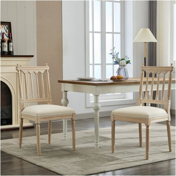 JERFIT Antique Cream Upholstered Dining Chairs Set of 2, Farmhouse Wooden Side Chairs with Linen Fabric Seat and Slatted Back for Kitchen Dining Room