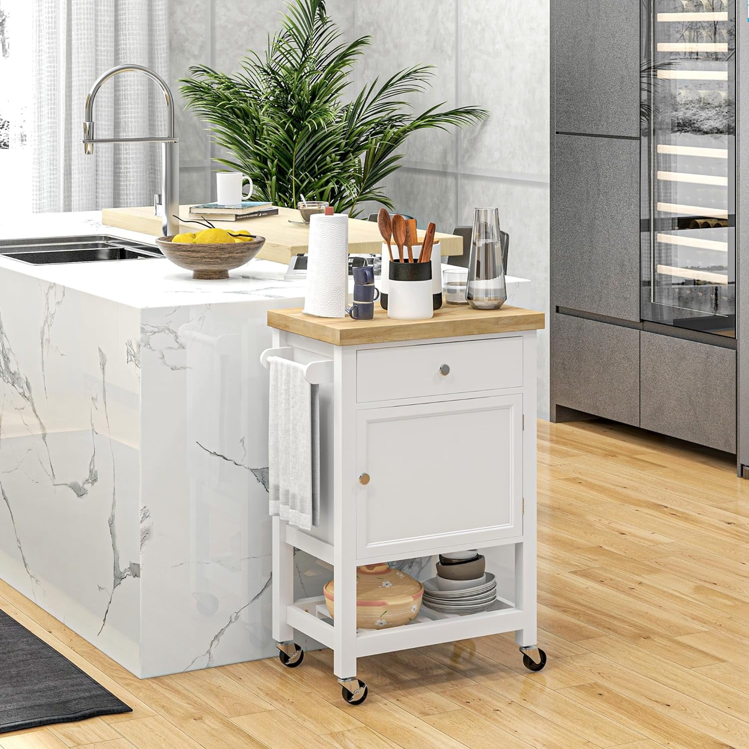 Utility Kitchen Cart, Rolling Kitchen Island with Smooth Rubberwood Top, Narrow Butcher Block Surface on Wheels with Storage Drawer & Cabinet, White