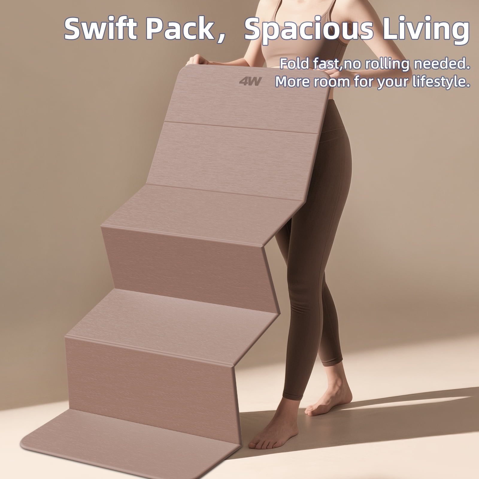 4W Foldable Yoga Mat Long, 10mm Extra Thick TPE Non-slip pilates Mats for Home and Travel, 75 x 26 in, Quick Folding/Storage No Curling(Brown + Beige)
