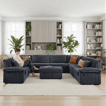 Homfa U-Shaped Corduroy Modular Sectional Sofa with Ottoman, 8-Seater Chaise Lounge with USB Charging Ports & 2 Throw Pillows, Dark Grey