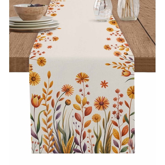 Fall Flowers Table Runner 72 Inches, Country Watercolor Floral Herbs Plants Bed Runner Dresser Scarves Tabletop for Indoor Outdoor Parties/Ceremony/Banquet, 16" x 72"