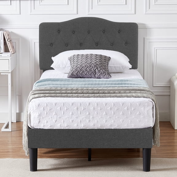 VECELO Twin Upholstered Platform Bed Frame with Adjustable Headboard, Wooden Slats Support, Gray