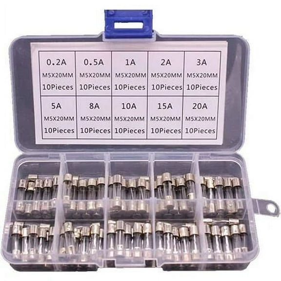 Professional Car Glass Tube Fuse Assortment, 100pcs Fast-Blow Fuses for Automotive And Electronics, 0.2A-20A Range, Transparent Plastic Box Included