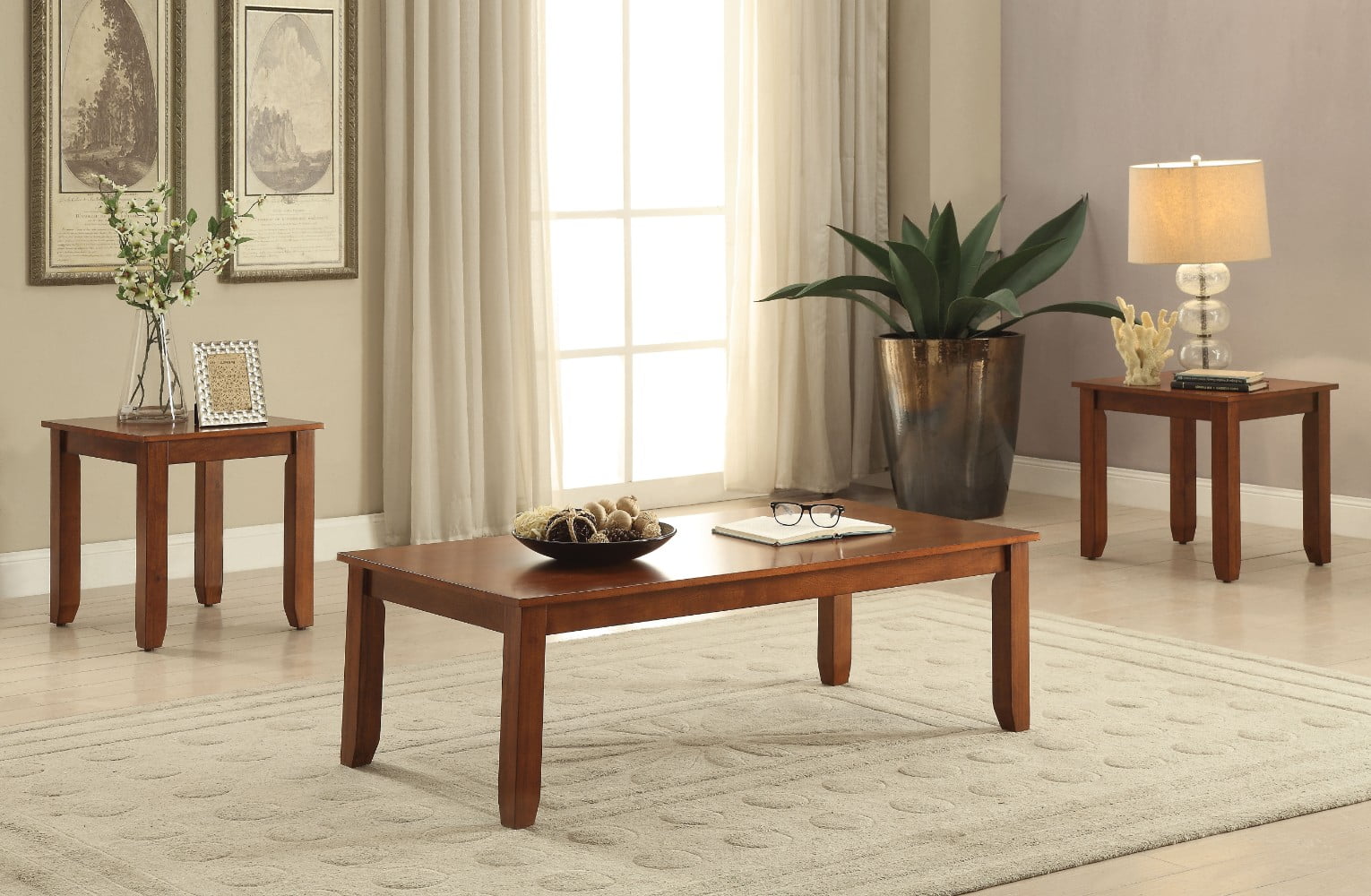 Wooden Coffee/End Table Set, 3 Piece Pack, Cherry Brown