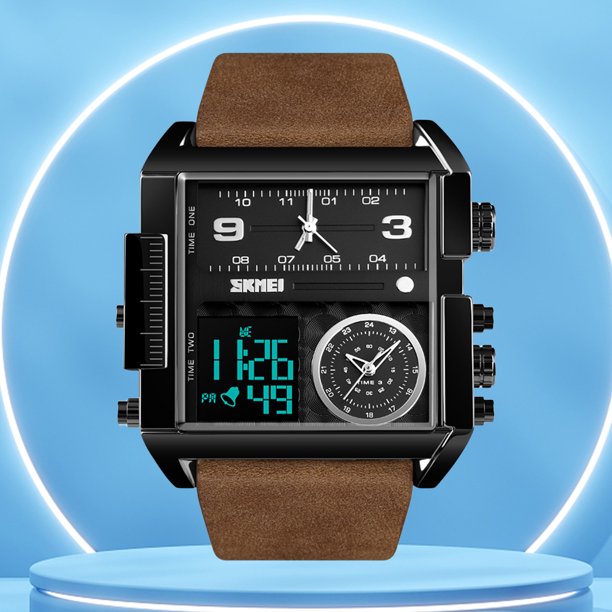 Reloj deportivo digital Pantalla LED Reloj de cuarzo de moda Cuero de PU Zona horaria múltiple
