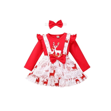 

Nokpsedcb 3Pcs Kids Baby Girls Christmas Clothes Outfits Printed Tops Suspender Skirt Headband Red 18-24 Months